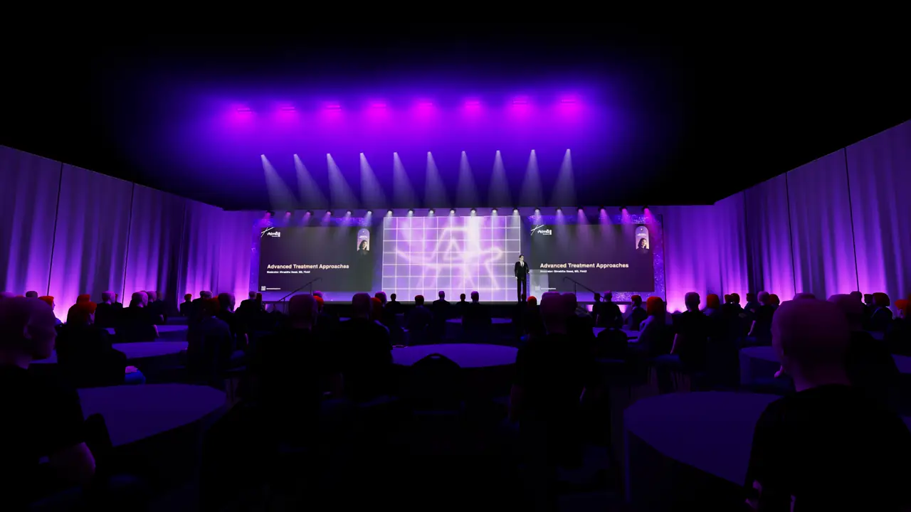 Previs render of the ballroom from the back of the room: centre LED, two side screens, purple drape uplight